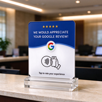 Carte Google Review Tap Card 12*12cm, plaque en acrylique, support de bureau transparent, puce NFC NTAG213, sans adhésif au dos pour les entreprises