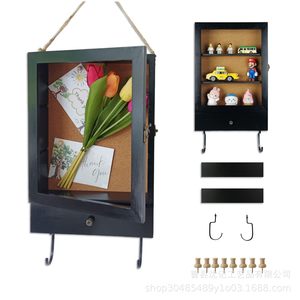 Wooden Wall Mounted Storage Box With <b>Hooks</b> For Mail Key Organizers <b>Black</b> Rectangle Solid Color Partitioned Design - Product Image 1