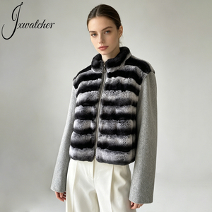 Jxwatcher Giacca in Vera <span class=keywords><strong>Pelliccia</strong></span> di Coniglio Rex Morbida e Calda con Zip, Maniche Lunghe, <span class=keywords><strong>Cappotto</strong></span> Invernale Personalizzato in Lana Doppia Faccia con <span class=keywords><strong>Collo</strong></span> Alto per <span class=keywords><strong>Donna</strong></span> - Product Image 2