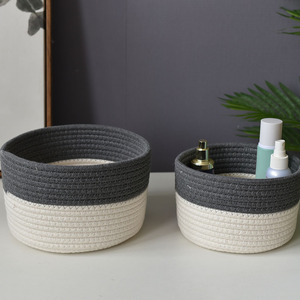 Round Woven Cotton <b>Storage</b> <b>Baskets</b> <b>White</b> Dark Gray Handmade For Cosmetics Toys Organizer Standing Type - Product Image 1