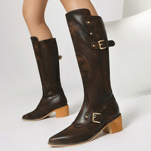 Big Size 47 Low Chunky Heels Belt Metal Buckles Shoes Women Pointed Toe Cowboy Knee High <b>Boots</b> on Wide Fit Long Booties - Product Image 4