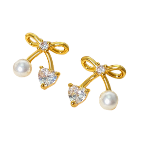 Boucles d'oreilles tendance chic 2025 en laiton plaqué or 18 carats avec zircon et mini-perle en forme de nœud pour femme - Vente en gros usine - Product Image 4