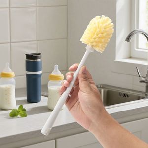 Cepillo para tazas con mango largo, cabezal redondo, cerdas amarillas para limpiar vasos de agua, biberones, uso doméstico - Product Image 4