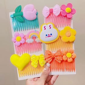 Peigne à cheveux pour enfants avec nœud, motif fleur arc-en-ciel, couleurs mélangées, 12 cm, en résine plastique, coiffe pour filles, été 2022 - Product Image 3
