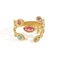 Zooying printemps et été nouvelle bague feuille de Zircon arc-en-ciel pour les femmes 18K or titane acier anneau ouvert bijoux