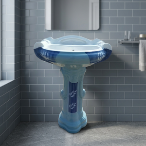 Ensemble de lavabo sur pied carré en céramique bicolore design, pour salle de bain, sanitaires - Product Image 5