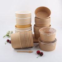 Bol rond en papier kraft avec couvercle, logo personnalisé OEM, nouilles biodégradables, riz, aliments chauds, salade, soupe