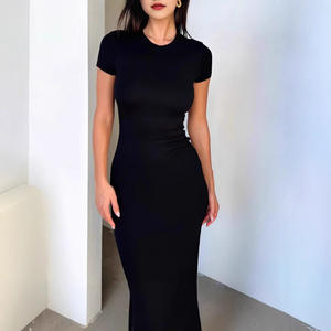 2025 européen américain femmes élégant mince robe mi-longue à manches courtes tissé transfrontalier pour <span class=keywords><strong>Amazon</strong></span> exportation décontracté uni teint - Product Image 3