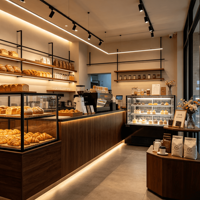 Aménagement de magasin de vente au détail axé sur le design pour café moderne avec vitrine de boulangerie et comptoir de bar à café pour livraison mondiale