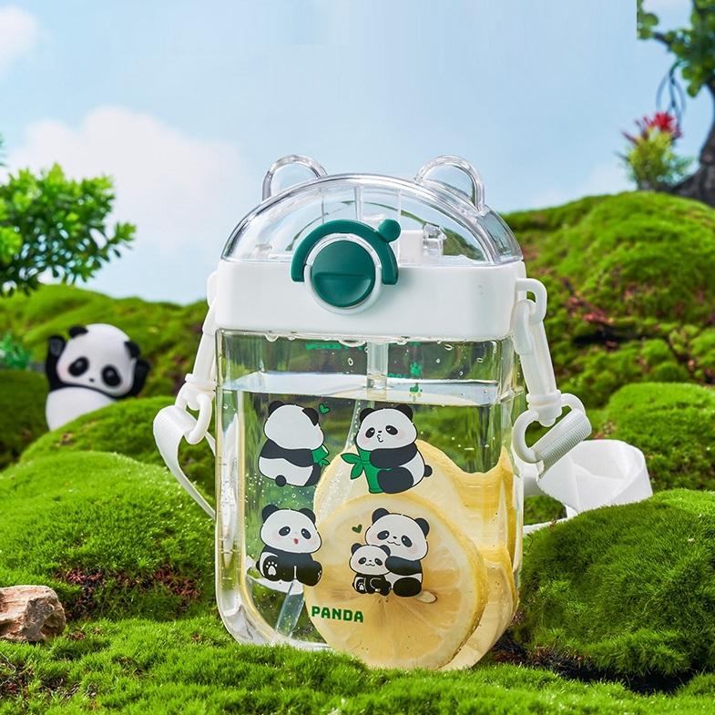 Cartoon Panda Portable 470ml Square Children's Outdoor School Kids Plastic Straw Water Bottle With Strap