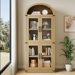 Vitrine en bois de 71,4 pouces de haut en chêne clair Portes d'étagère arquées Bibliothèques arrondies de <span class=keywords><strong>profondeur</strong></span> 15,83 pouces pour salon de ferme - Product Image 4