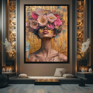 Pétales dorés, cheveux floraux, portrait abstrait, décoration élégante, <span class=keywords><strong>art</strong></span> féminin texturé, toile rose dorée, décoration intérieure de la maison - Product Image 5