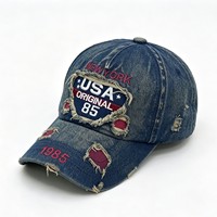 Gorra de Béisbol Estilo Dad Hat de Mezclilla Vintage Lavada al por Mayor, Desgastada, con Agujeros y Deshilachado, Bordado, Hebilla Metálica, Unisex, Logotipo Personalizado