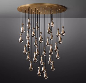 Lustre LED rond en laiton de 60 pouces pour hall d'entrée, villa de luxe, salon, grand lustre moderne en verre en forme de goutte de pluie pour escalier - Product Image 4