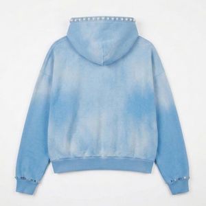 Sweat à capuche tie-dye pour homme, orné de perles et de strass, effet délavé vintage, broderie de lettres, coupe courte - Product Image 2