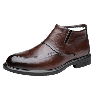 Bottes Chelsea pour hommes en cuir véritable, bout pointu, talon plat, doublure en fourrure, isolantes, chaussures d'hiver formelles pour le travail - Product Image 5