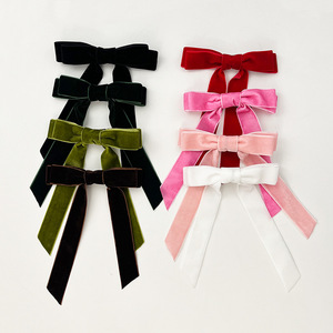 Girls Adult Simple Solid Color Ribbon Hair Clip Velvet Hair Bows with Long Tail