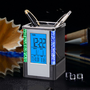 Haonan Office Supplies Store Electronic Pen Holder Square Metal Mesh Desk Clock With Led Display For Office Use - Product Image 1