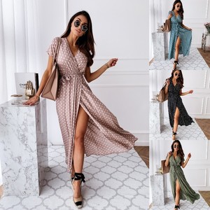 Vestido Largo Personalizado para Mujer, Estilo Europeo Americano, Verano, Manga Corta, Cuello en V, Bohemio, Estampado de Puntos, Ecológico, Transpirable, Corte en A - Product Image 2