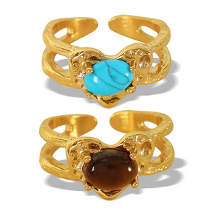 European American Style Retro Heart Shape <b>Titanium</b> Steel Open <b>Ring</b> With Tiger Eye Turquoise Niche Design Unisex Gift Jewelry - Product Image 5