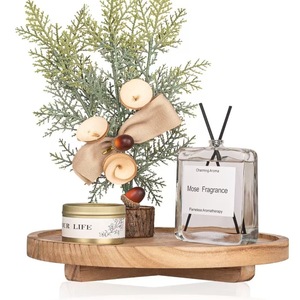 <b>Wooden</b> <b>Round</b> Tray Cosmetic Storage Decorative Tray For Bathroom Desktop Plant Pattern - Product Image 1