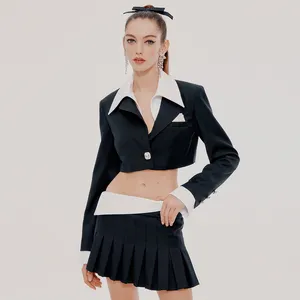 HIGH STREET 2022 abito da Designer alla moda più nuovo di moda Set da donna Color Block risvolto Blazer Crop Jacket Mini Skirt Suit