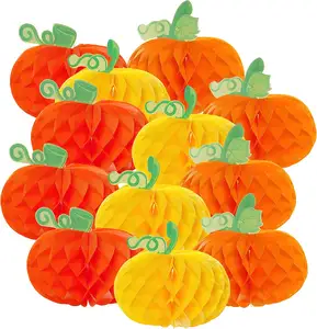 Orange Red Yellow Tissue Paper Pumpkin 3D Honeycomb Pumpkins for Halloween Thanksgiving Party Favor Fall Festival Supplies