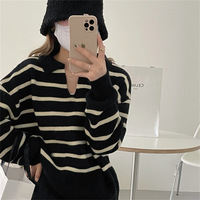 Automne/hiver pull décontracté ample pour femmes rayé tricoté pour chandails à col polo col en v chaud et confortable