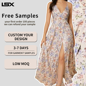 فستان صيفي طويل مفتوح من الأمام بتصميم بوهيمي فضفاض وعصري بطبعة زهور وياقة عميقة على شكل V للنساء، مع إمكانية إضافة شعار مخصص - Product Image 1