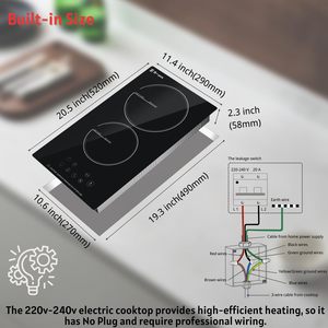 Placa de Cocina Eléctrica Integrada de Cerámica Dopen, 2 Quemadores, Control Táctil, Superficie Lisa Negra, 20.5 Pulgadas, 220V - Product Image 5