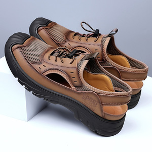 รองเท้าแตะตาข่ายแบบเจาะรูสำหรับผู้ชายแบบสวมเปิดส้นระบายอากาศได้ดีรองเท้าหนังปิดนิ้วเท้าสีน้ำตาลสีดำสีเทา 6019 - Product Image 3