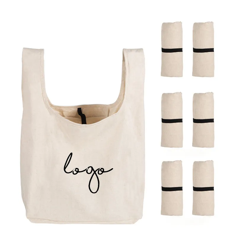 Personalized custom logo durable reusable beige black grey canvas cotton foldable shopping bag