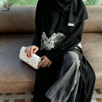 Abaya noire personnalisée en dentelle avec ensemble hijab, robe longue élégante pour femmes musulmanes, vente en gros OEM