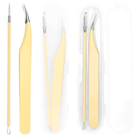 Pince à épiler Dolphin Tip à pointe ultra fine, kit de suppression des points noirs jaune beurre, aiguille à acné en acier inoxydable pour soins de la peau et cils