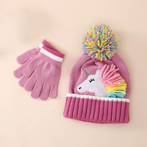 Unicorn <strong>and</strong> Multi-Pompom Knitted <strong>Hat</strong> with Long <strong>Glove</strong> <strong>Set</strong> for Baby Girls Winter Kids Jacquard Style - Product Image 2