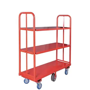 Zware Zes Wiel Magazijn Logistieke Omzet Dubbel Handvat 3 Layer U Boot Platform Magazijn Trolley