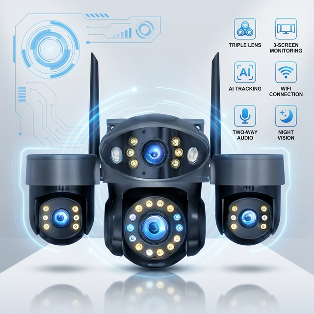 Outdoor Triple Lens WiFi Security Camera 3 Screen Monitoring AI Human Tracking Dual Light Night Vision Two Way Audio