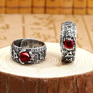 Латунное кольцо фэн-шуй Pixiu с гранатом на удачу, регулируемые китайские мужские кольца, мантра, кольца Pixiu