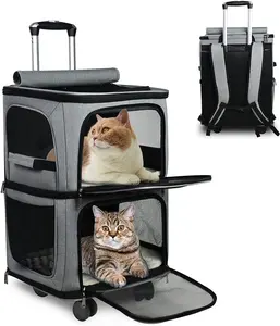 Compartment Pet Dog Rolling Carrier Backpack With Wheels Cat Carrier For 2 Cats