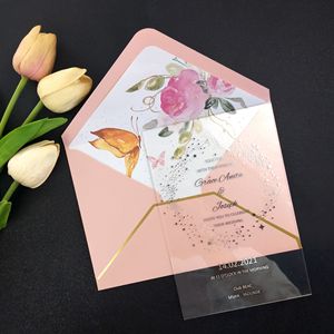 Invitations de mariage haut de gamme en acrylique transparent avec estampage à chaud doré et processus UV, conception de mise en page gratuite pour formes non standard - Product Image 4