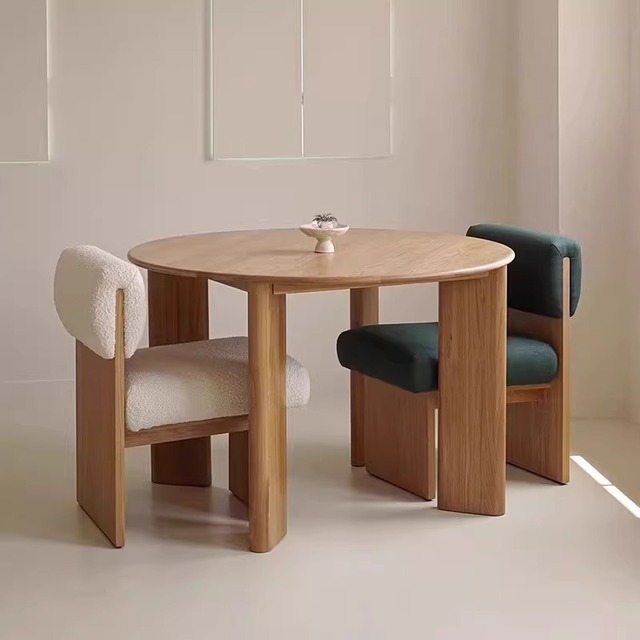 Nordic Modern Solid Ash Wood Round Dining Table Set with White Velvet Chairs, Small Space Living Room Furniture