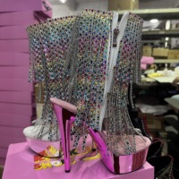 Chaussures de pole dance dynamiques à talon fin de 15 cm (6 po) avec lacets arrière, à pampilles sexy et lacets en dentelle, pour automne/hiver, en plastique