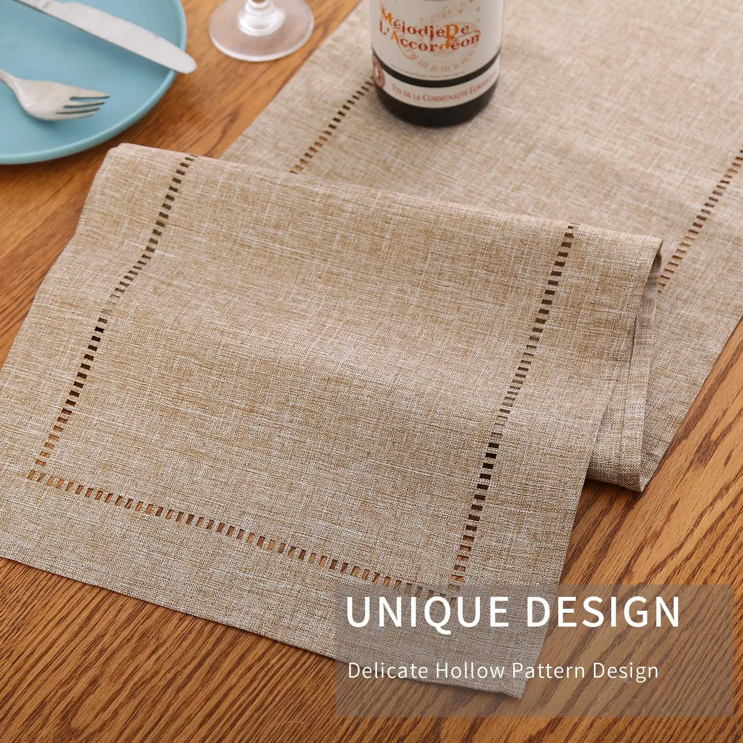 Camino de mesa de lino y algodón de lujo, decoración delicada con patrón hueco para comedor