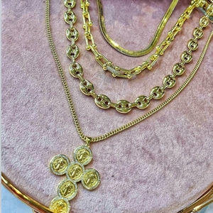 Fashion 18k Gold Plated Copper Material <strong>Snake</strong> Chain Cross Pendent Necklace Set Choler Link Chain Jewelry Necklace Gift for Women - Product Image 2