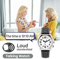 Orologio parlante controllato Radio inglese/francese/tedesco/spagnolo/italiano con cinturino in vera pelle per ipovedenti, anziani