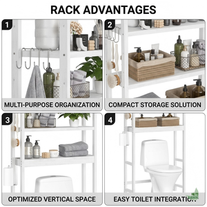 Étagère de rangement pour salle de bain en bambou, finition blanche, style décontracté, 4 niveaux ouverts avec crochets latéraux - Product Image 2