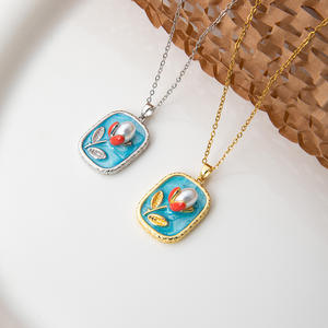 彩色滴油花不锈钢吊坠项链时尚闪亮钻石珍珠奢华精致女式吊坠项链 - Product Image 3