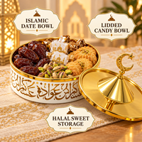 Plat à bonbons Ramadan, Décoration de table islamique pour l'Aïd, Contenant à friandises, Bol couvert avec couvercle en forme de dôme croissant de lune et étoile, Ornement doré