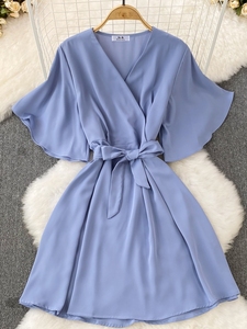 Robe d'été 2025 version coréenne, style doux, rétro élégant, manches cloche, col en V, taille cintrée, nœud <span class=keywords><strong>papillon</strong></span>, lettre A - Product Image 4