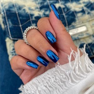 <span class=keywords><strong>Faux</strong></span> ongles pressés courts et moyens en chrome bleu métallisé brillant, 24 pièces - Product Image 2